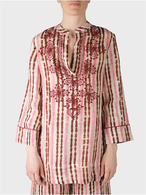 Printed Linen Caftan Shirt with Arabesque Embroidery MALIPARMI | JM552943049C3261