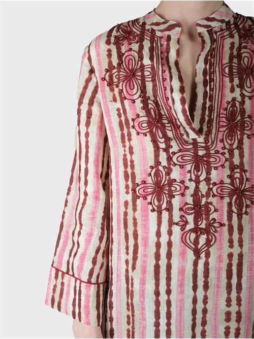 Printed Linen Caftan Shirt with Arabesque Embroidery MALIPARMI | JM552943049C3261