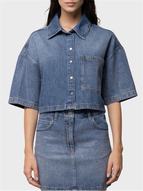 Short-sleeve denim shirt with snap buttons and rhinestone details KAOS | SP6DK0083019