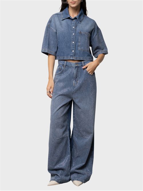 Short-sleeve denim shirt with snap buttons and rhinestone details KAOS | SP6DK0083019