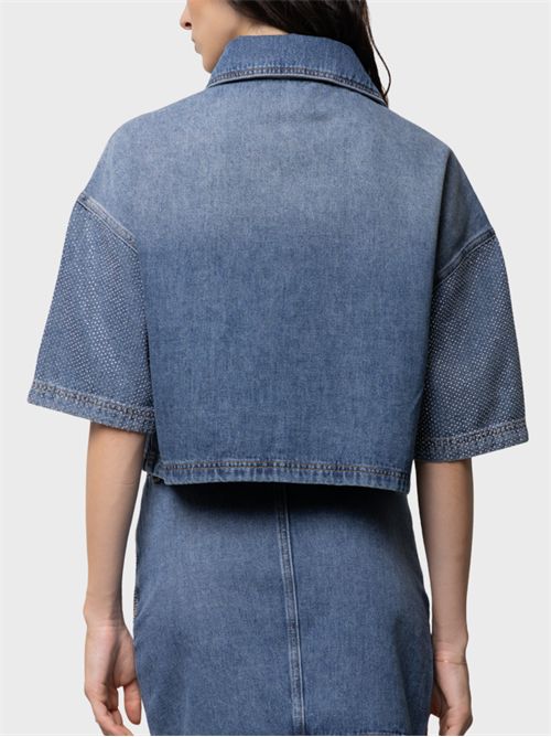 Short-sleeve denim shirt with snap buttons and rhinestone details KAOS | SP6DK0083019