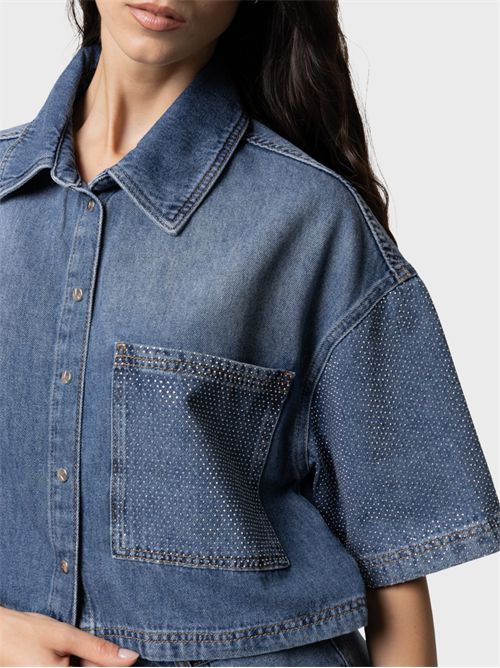 Short-sleeve denim shirt with snap buttons and rhinestone details KAOS | SP6DK0083019
